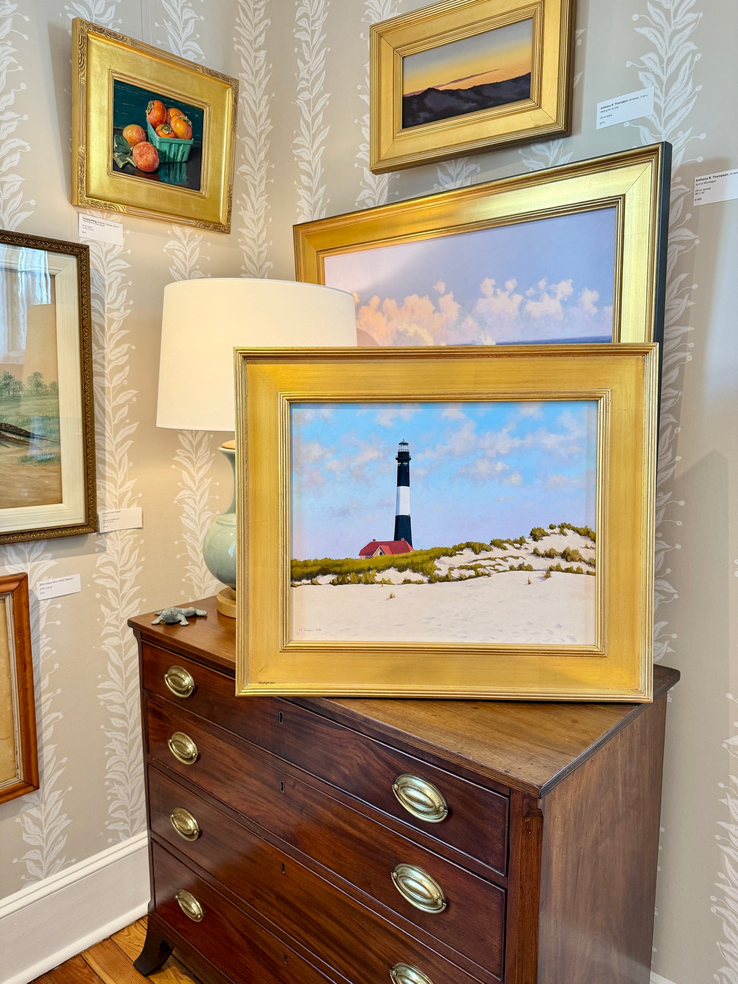 Anthony R. Thompson Fire Island Coastal Lighthouse Landscape Oil Painting in Gold Frame