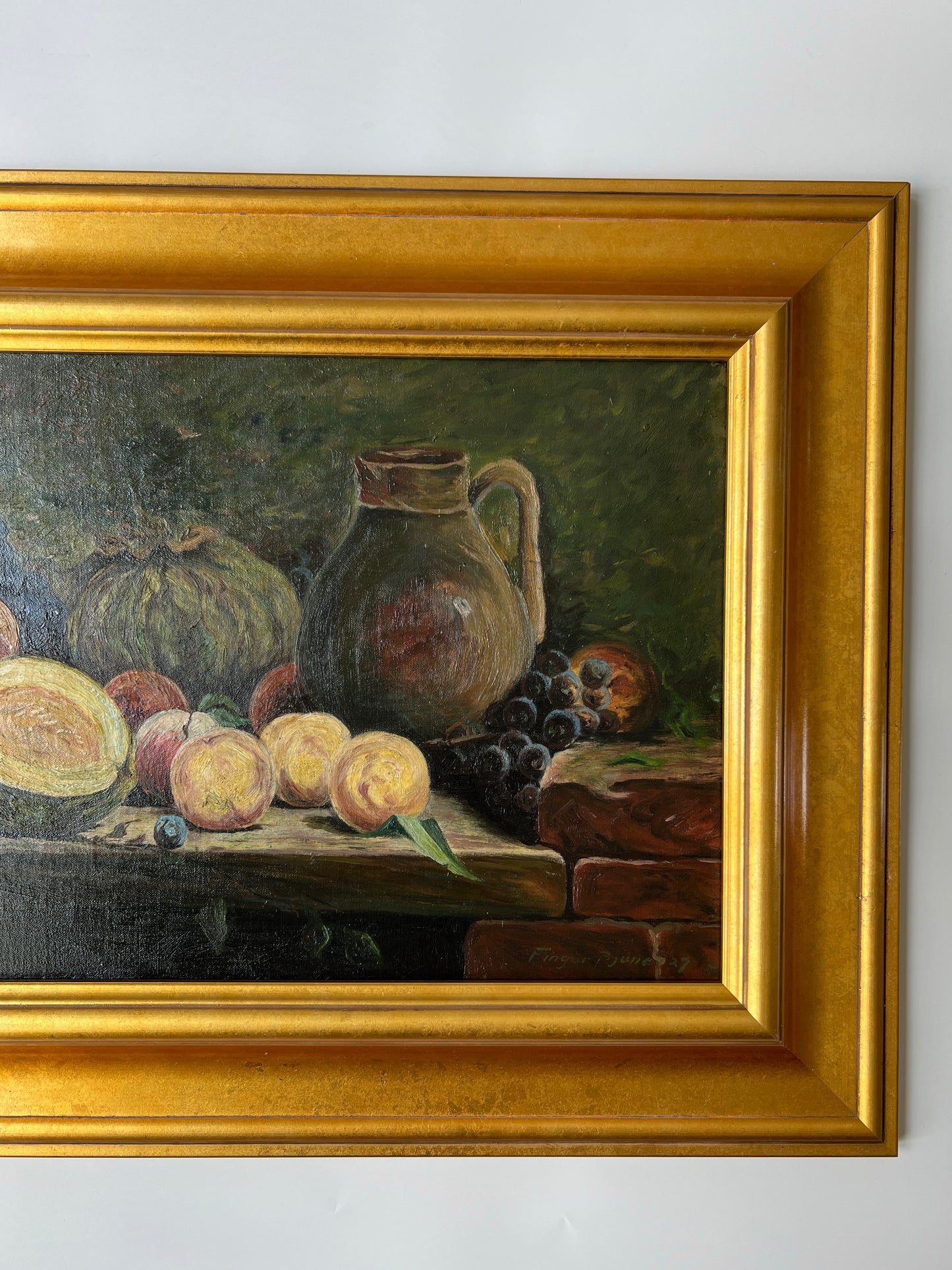 1927 Still Life of Peaches, Melon, Cabbage in Thick Gold Frame