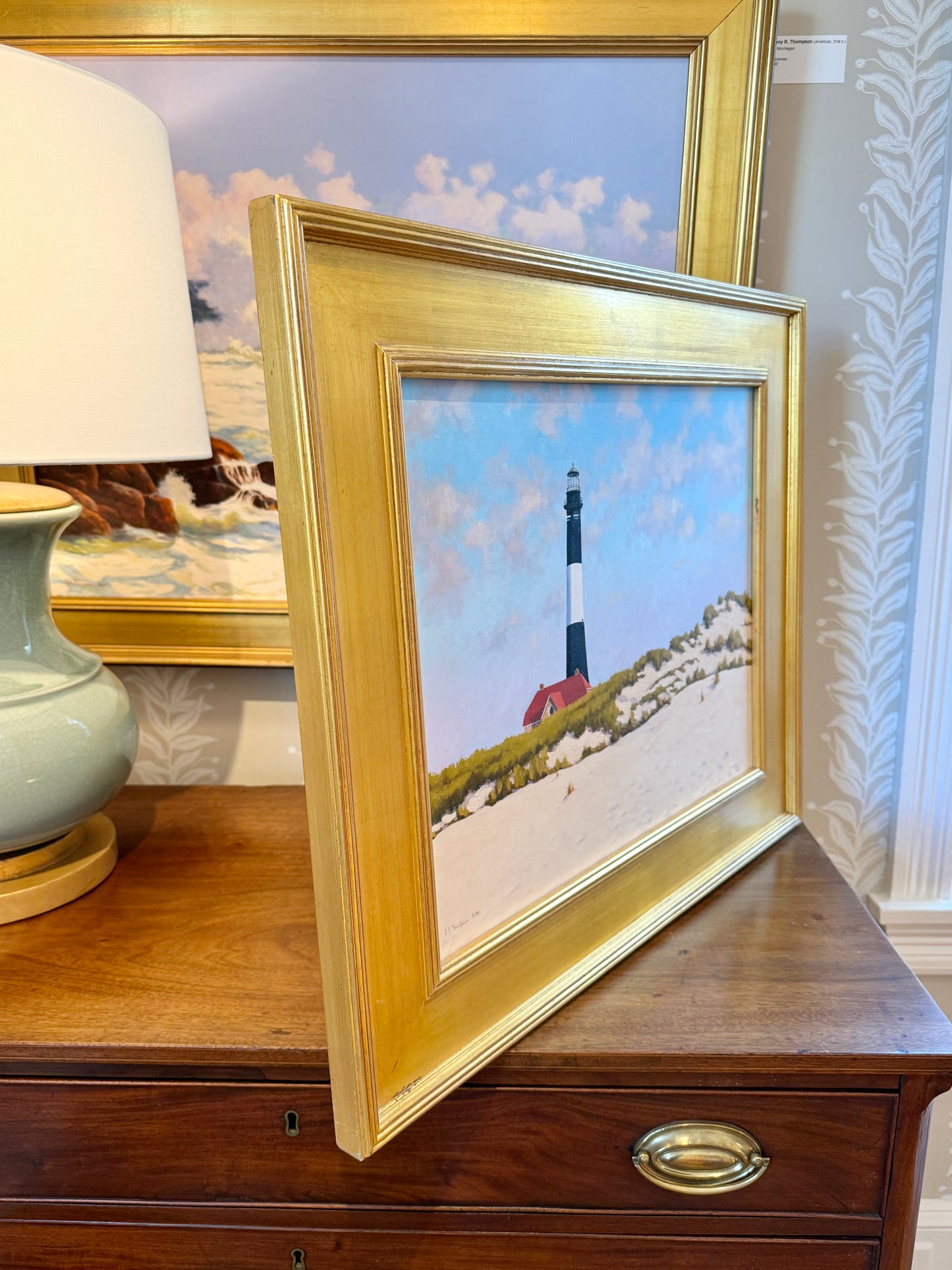 Anthony R. Thompson Fire Island Coastal Lighthouse Landscape Oil Painting in Gold Frame