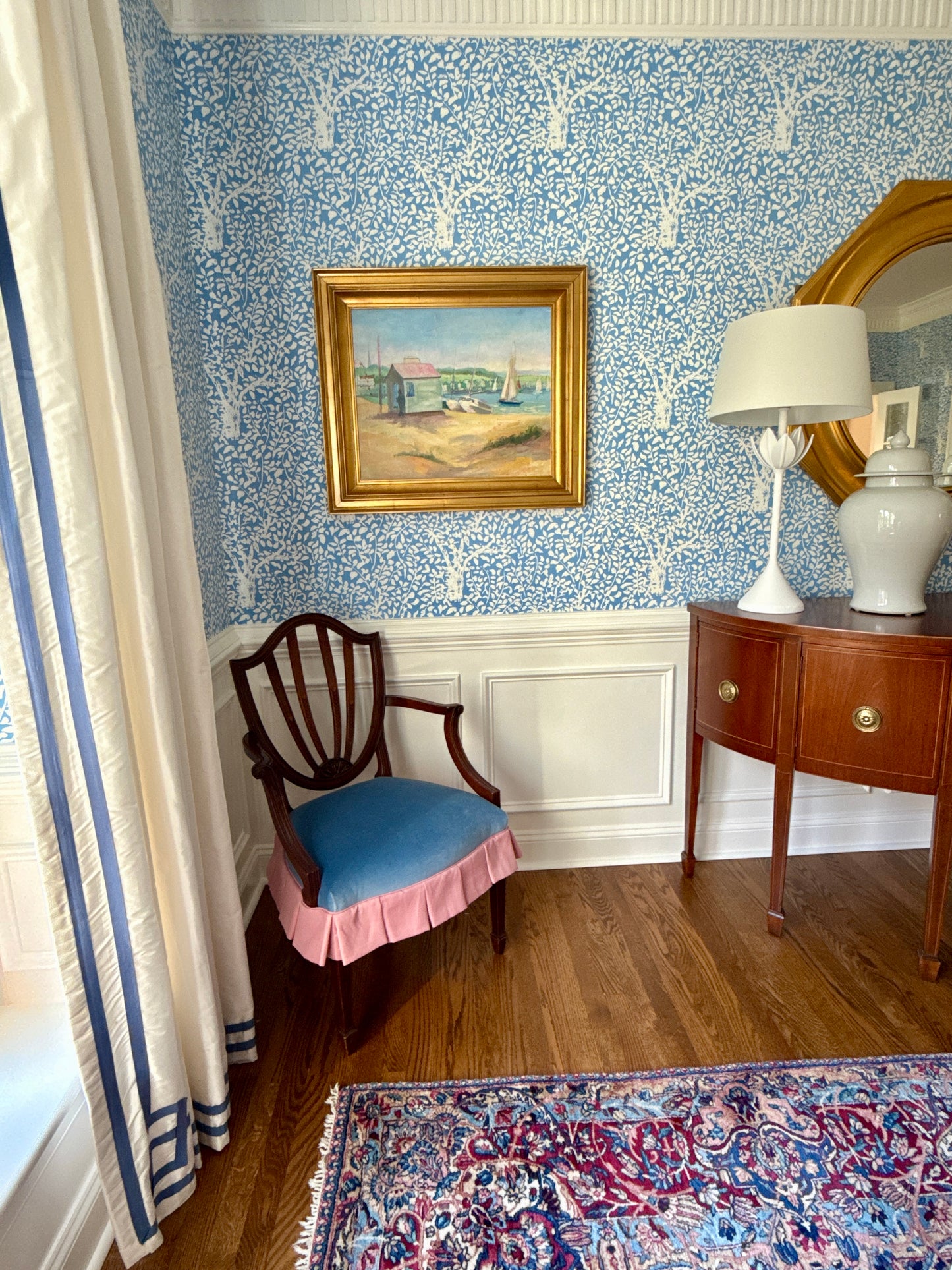 Vintage Boathouse Harborscape with Sailboats Oil Painting in Gold Frame