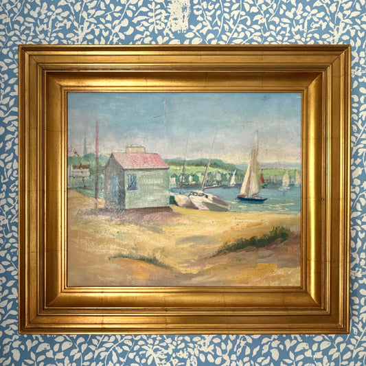 Vintage Boathouse Harborscape with Sailboats Oil Painting in Gold Frame