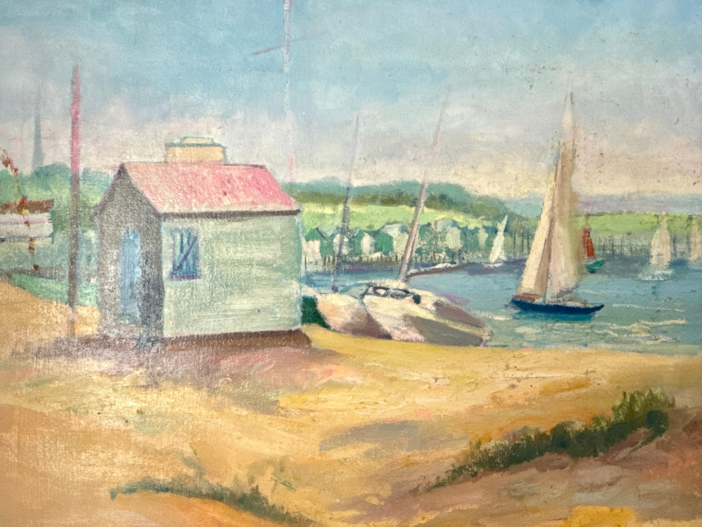 Vintage Boathouse Harborscape with Sailboats Oil Painting in Gold Frame