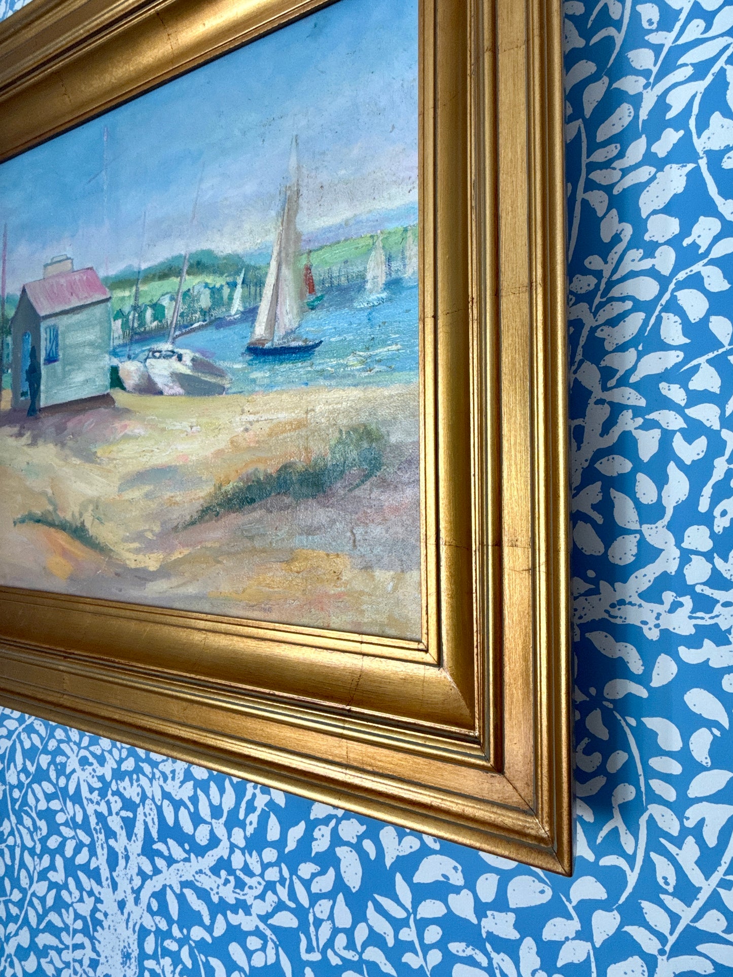 Vintage Boathouse Harborscape with Sailboats Oil Painting in Gold Frame