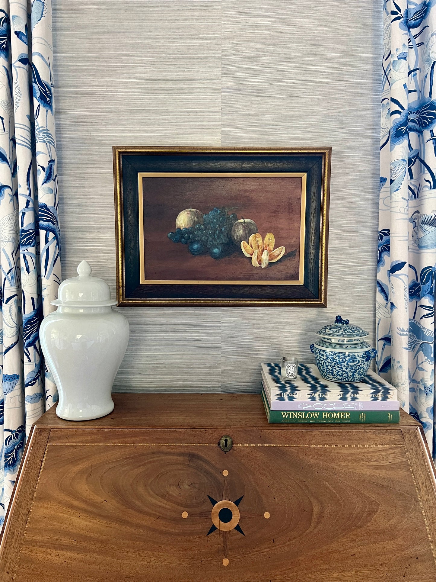 1910 Still Life Apples Grapes Orange Oil Painting in Black and Gold Frame