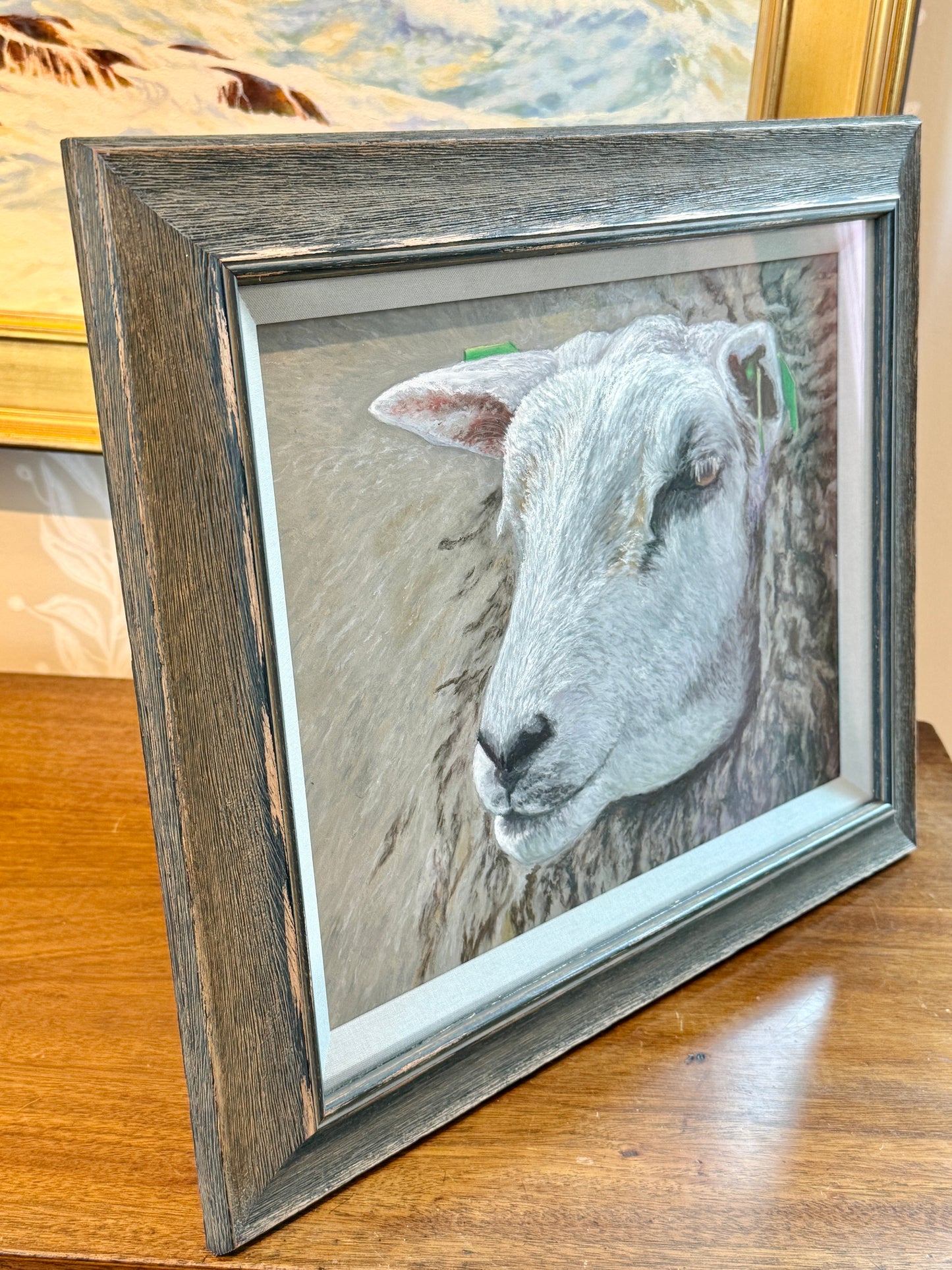 Karen McCool Wouldn't Ewe Know It Pastel Sheep Portrait in Gray Washed Wood Frame