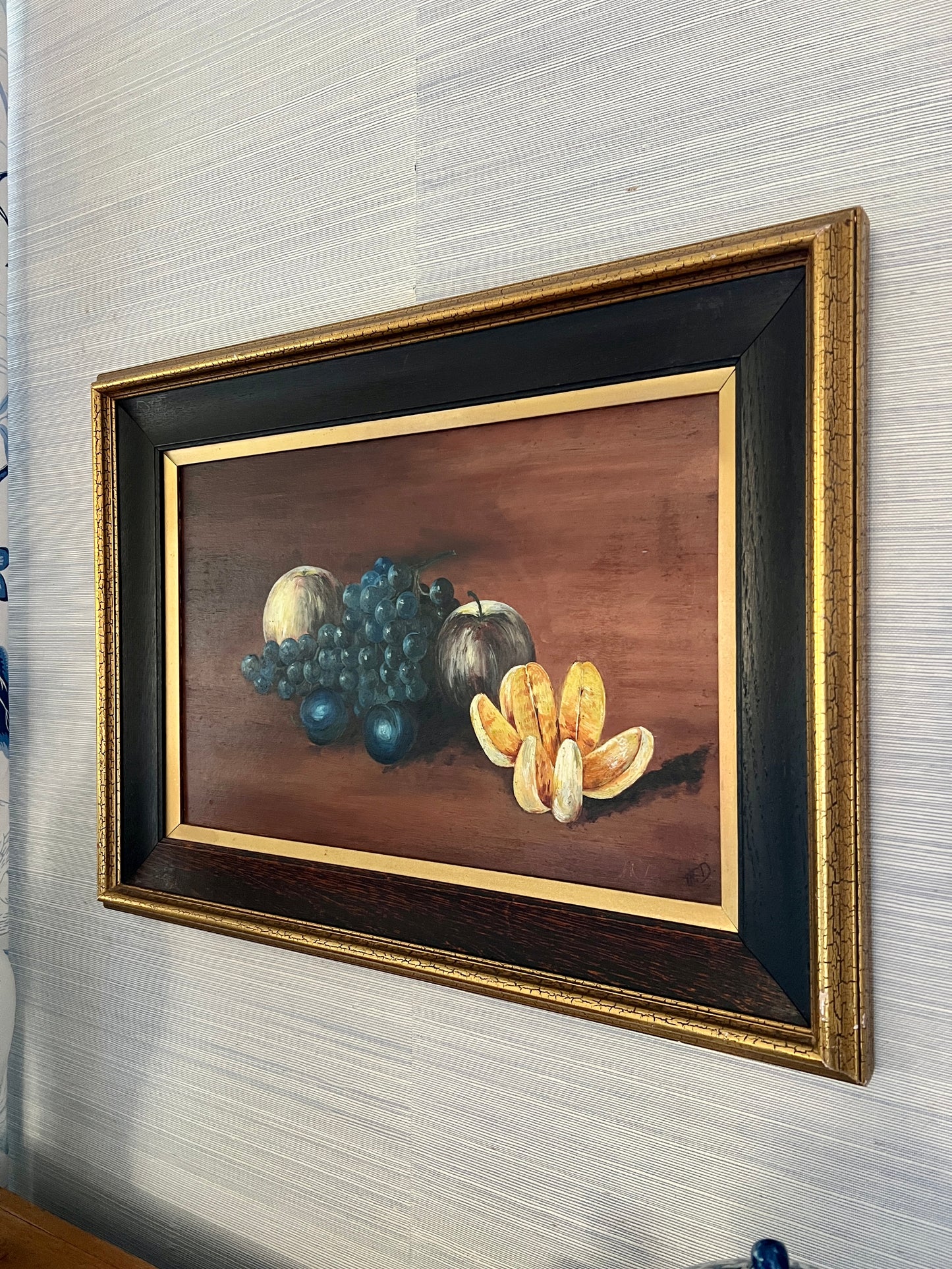 1910 Still Life Apples Grapes Orange Oil Painting in Black and Gold Frame