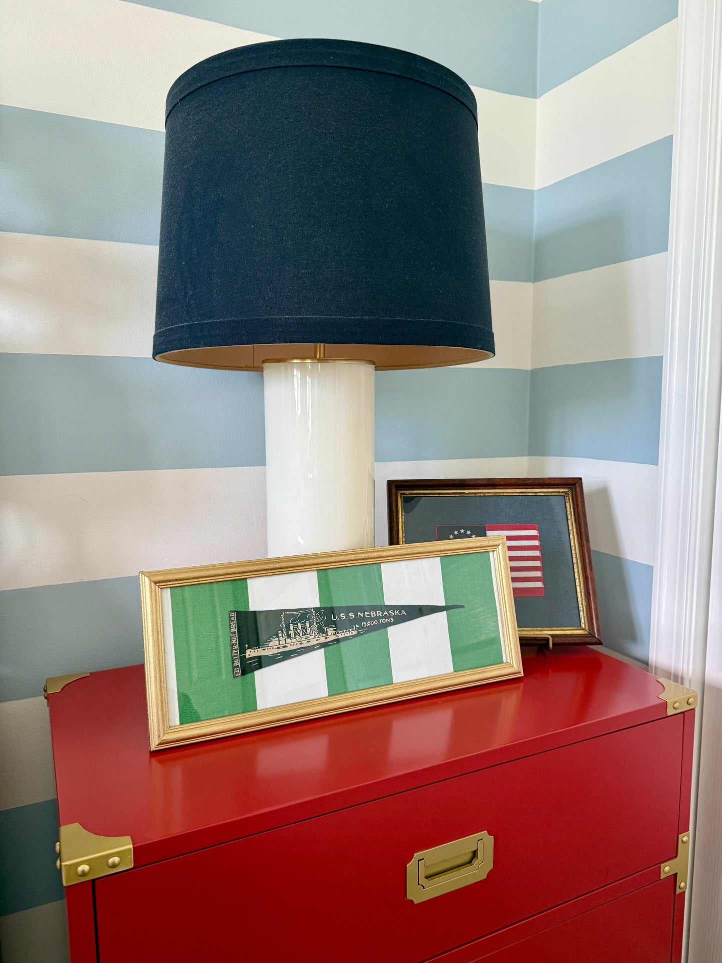 Early 20th Century U.S.S. Nebraska Naval Ship Wool Pennant on Green and White Stripes in Gold Frame