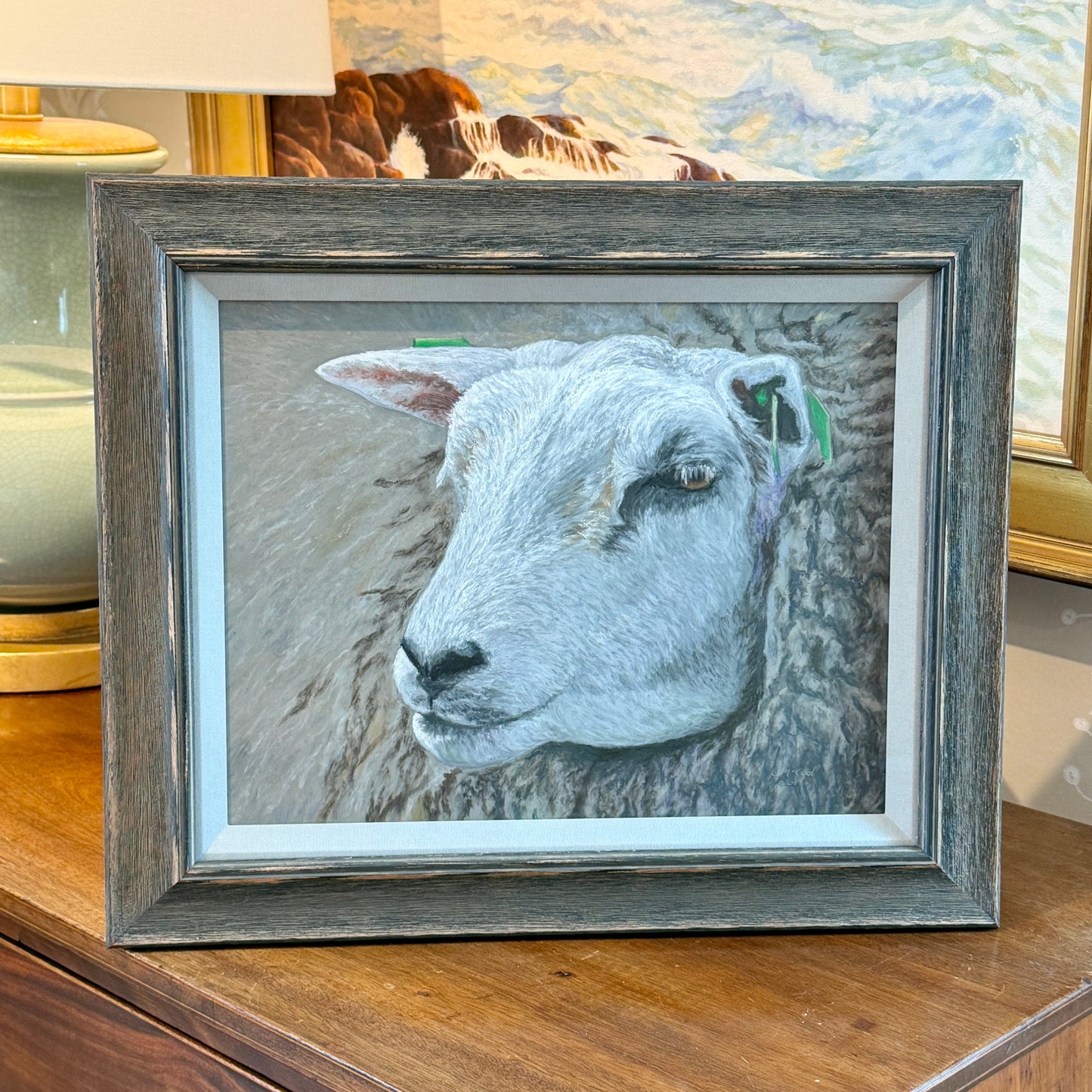 Karen McCool Wouldn't Ewe Know It Pastel Sheep Portrait in Gray Washed Wood Frame
