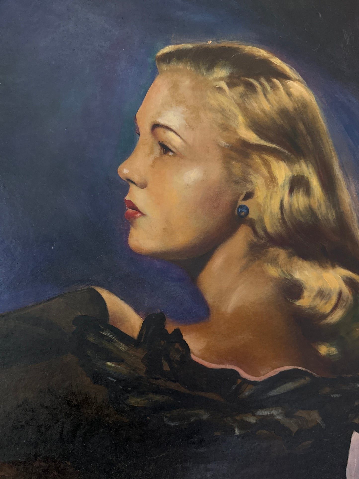 Vintage Blonde Young Woman Portrait Oil Painting in Gold Frame