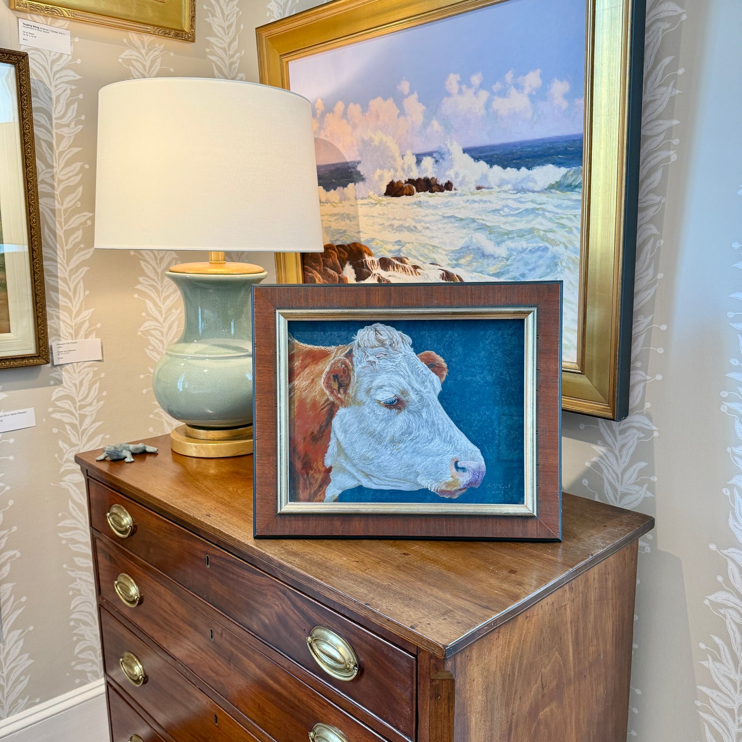 Karen McCool Something in the Way She Moos, Attracts Me Like No Udder Lover Oil Pastel in Grained Wood Frame