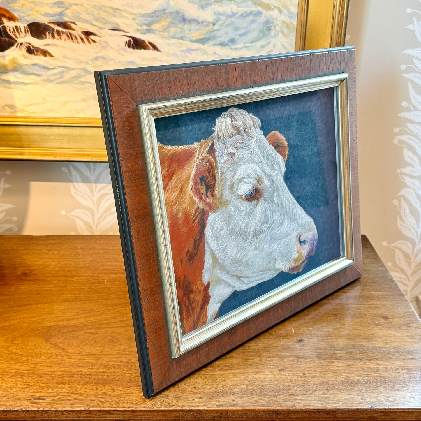 Karen McCool Something in the Way She Moos, Attracts Me Like No Udder Lover Oil Pastel in Grained Wood Frame