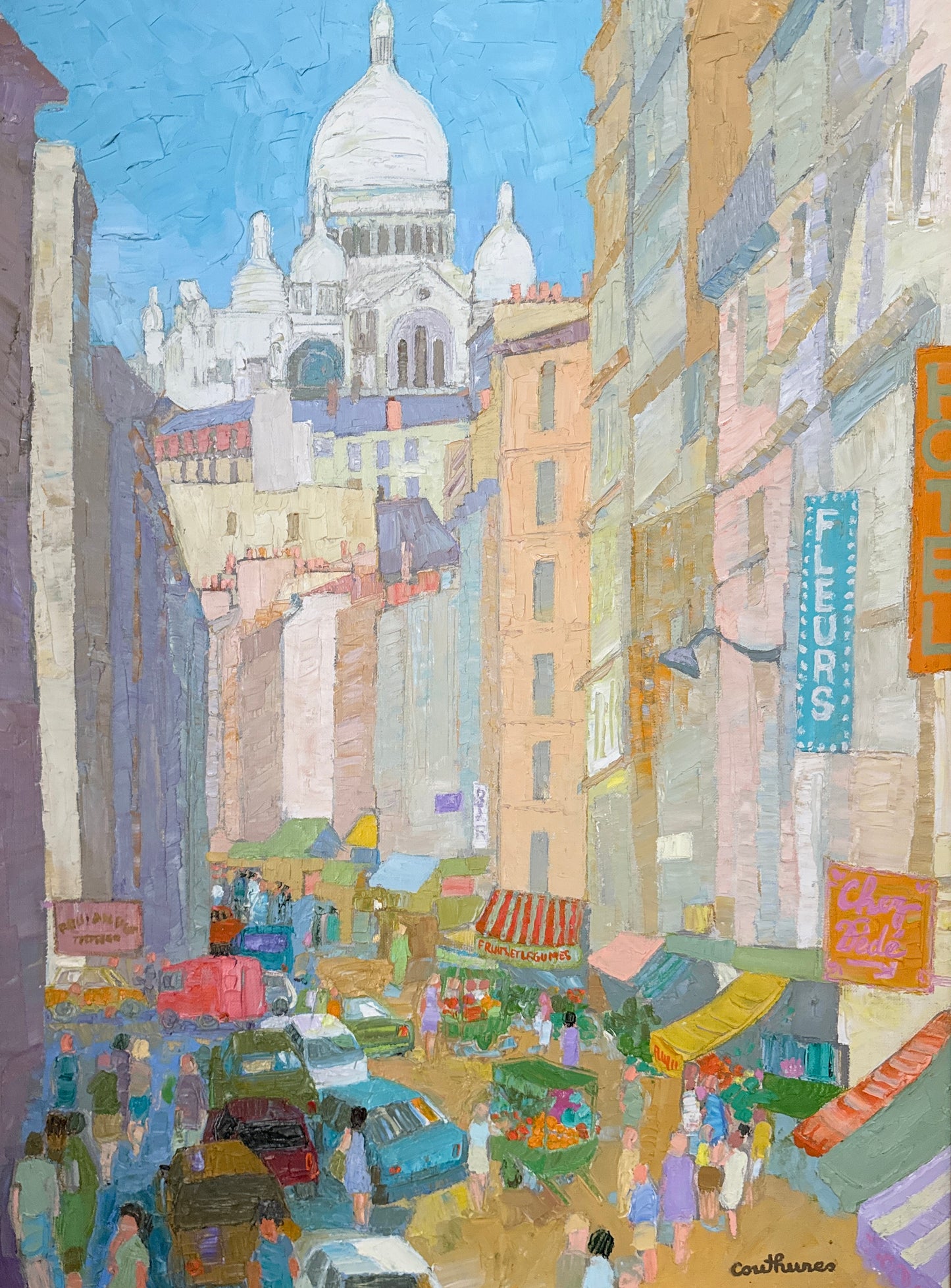 Daniel Couthures Rue Montmartre Paris France Market Oil Painting in Wood Frame