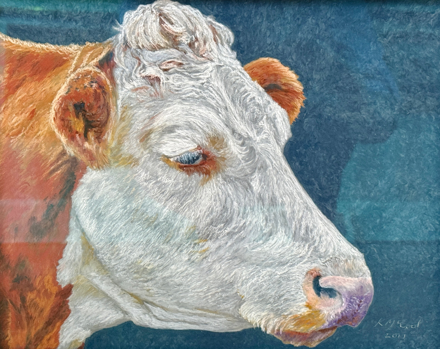 Karen McCool Something in the Way She Moos, Attracts Me Like No Udder Lover Oil Pastel in Grained Wood Frame