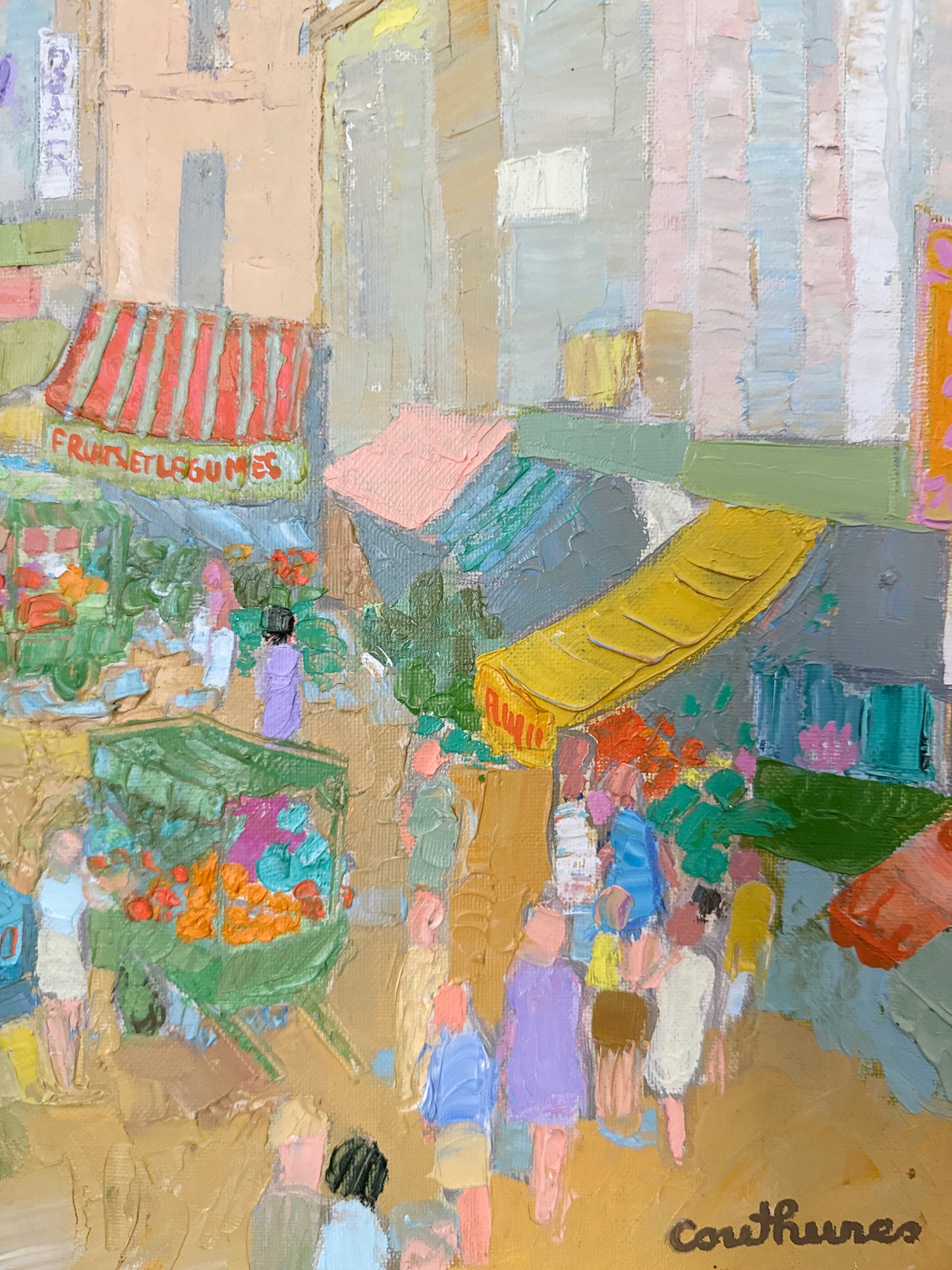 Daniel Couthures Rue Montmartre Paris France Market Oil Painting in Wood Frame