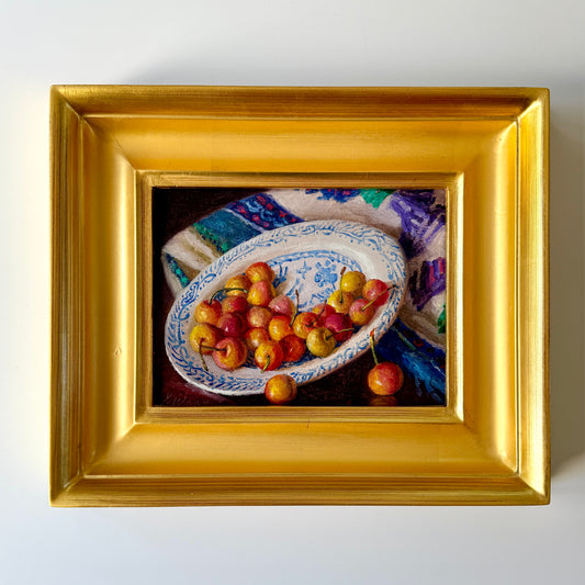Cherries in Blue and White Bowl Colorful Still Life Oil Painting in Gold Frame