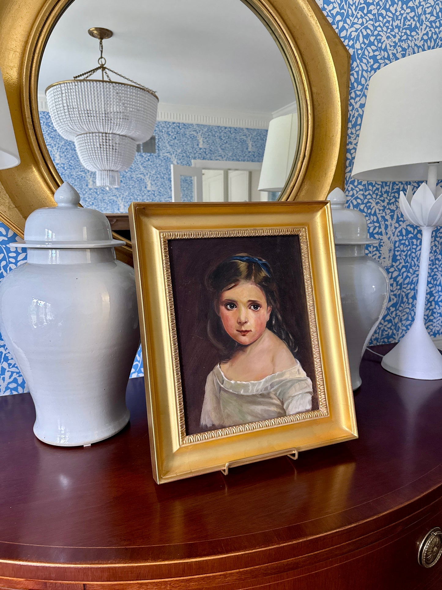 Early 20th Century Portrait of a Brunette Girl Oil Painting in Gold Frame