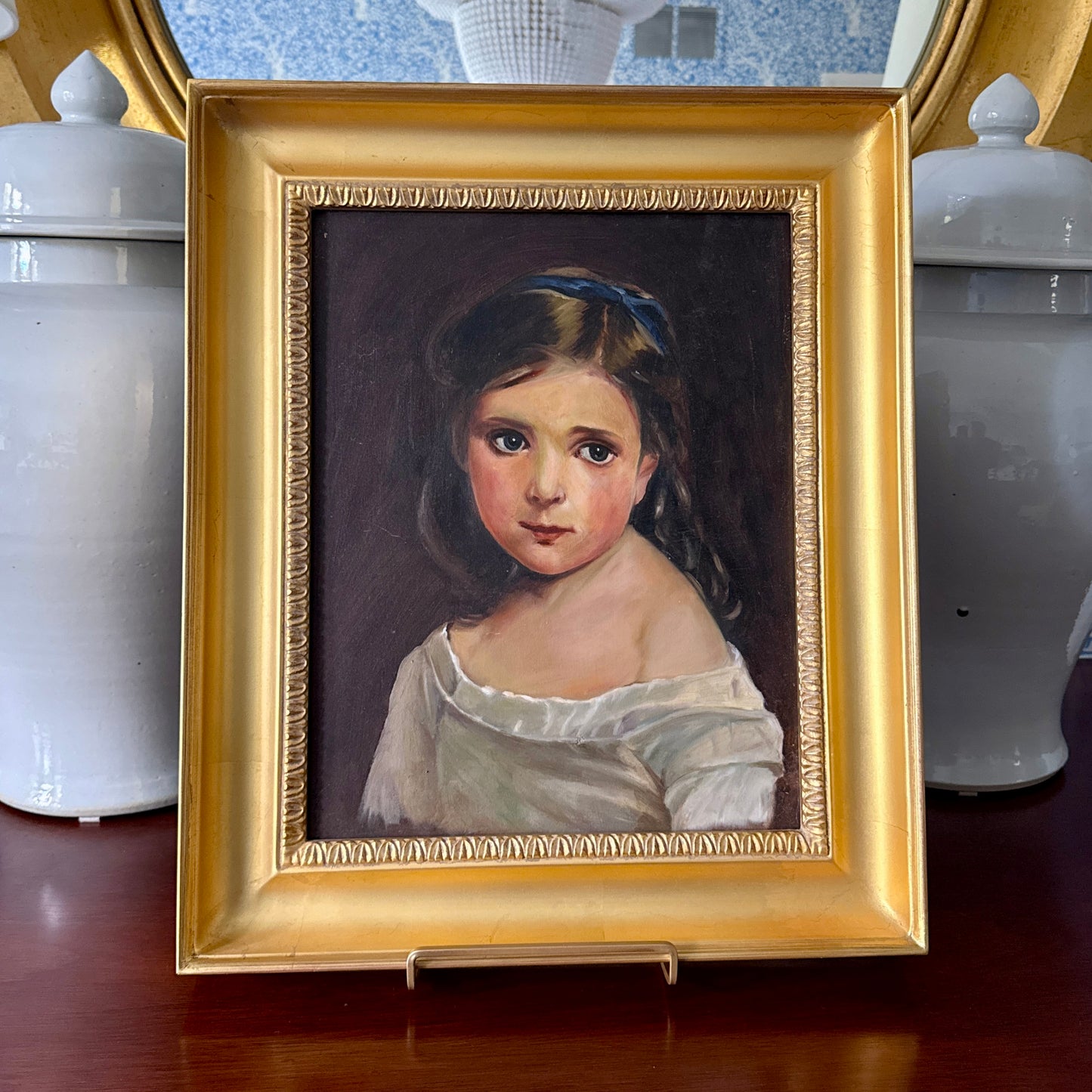 Early 20th Century Portrait of a Brunette Girl Oil Painting in Gold Frame