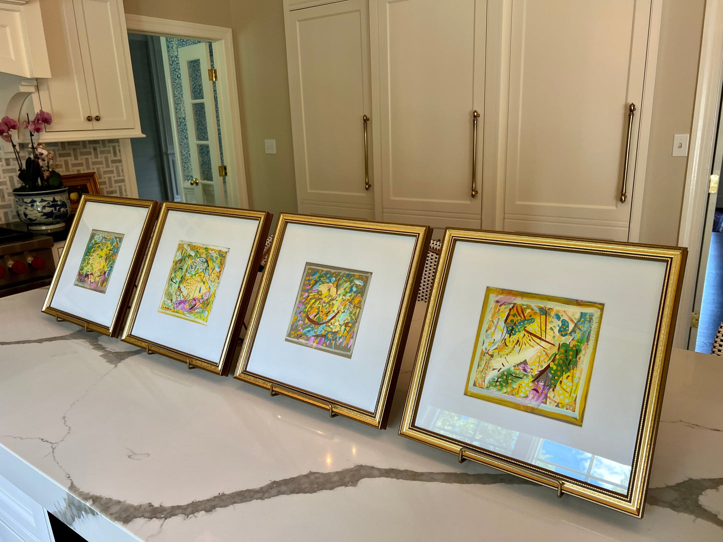 Vintage Bright Colorful Abstract Oil Painting #4 in Gold Frame