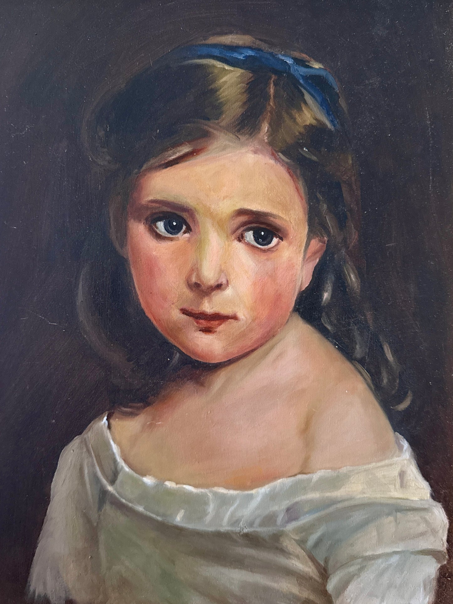 Early 20th Century Portrait of a Brunette Girl Oil Painting in Gold Frame
