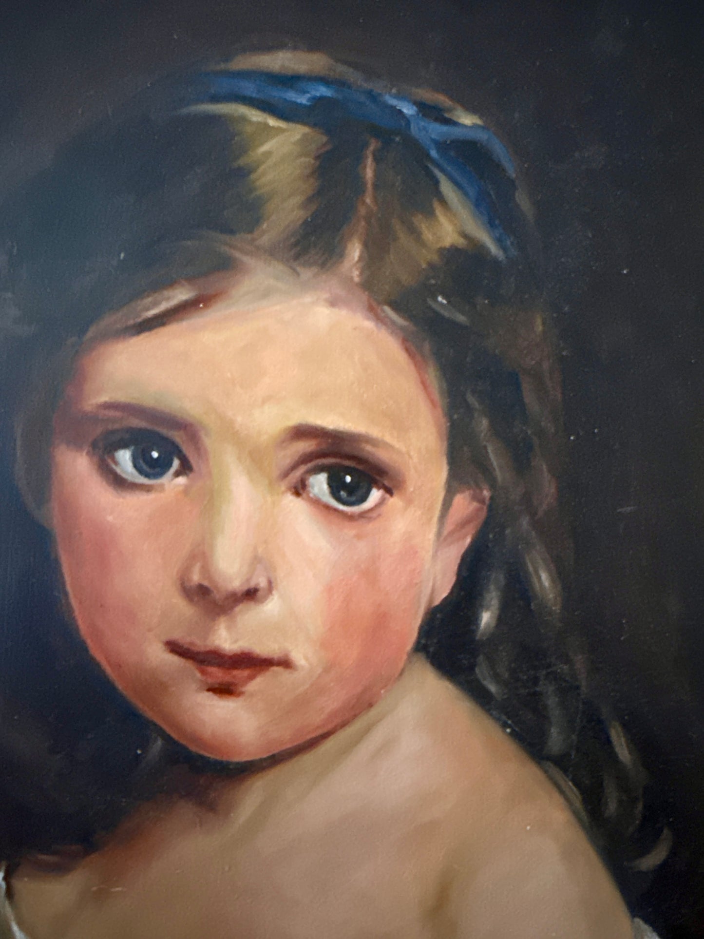 Early 20th Century Portrait of a Brunette Girl Oil Painting in Gold Frame