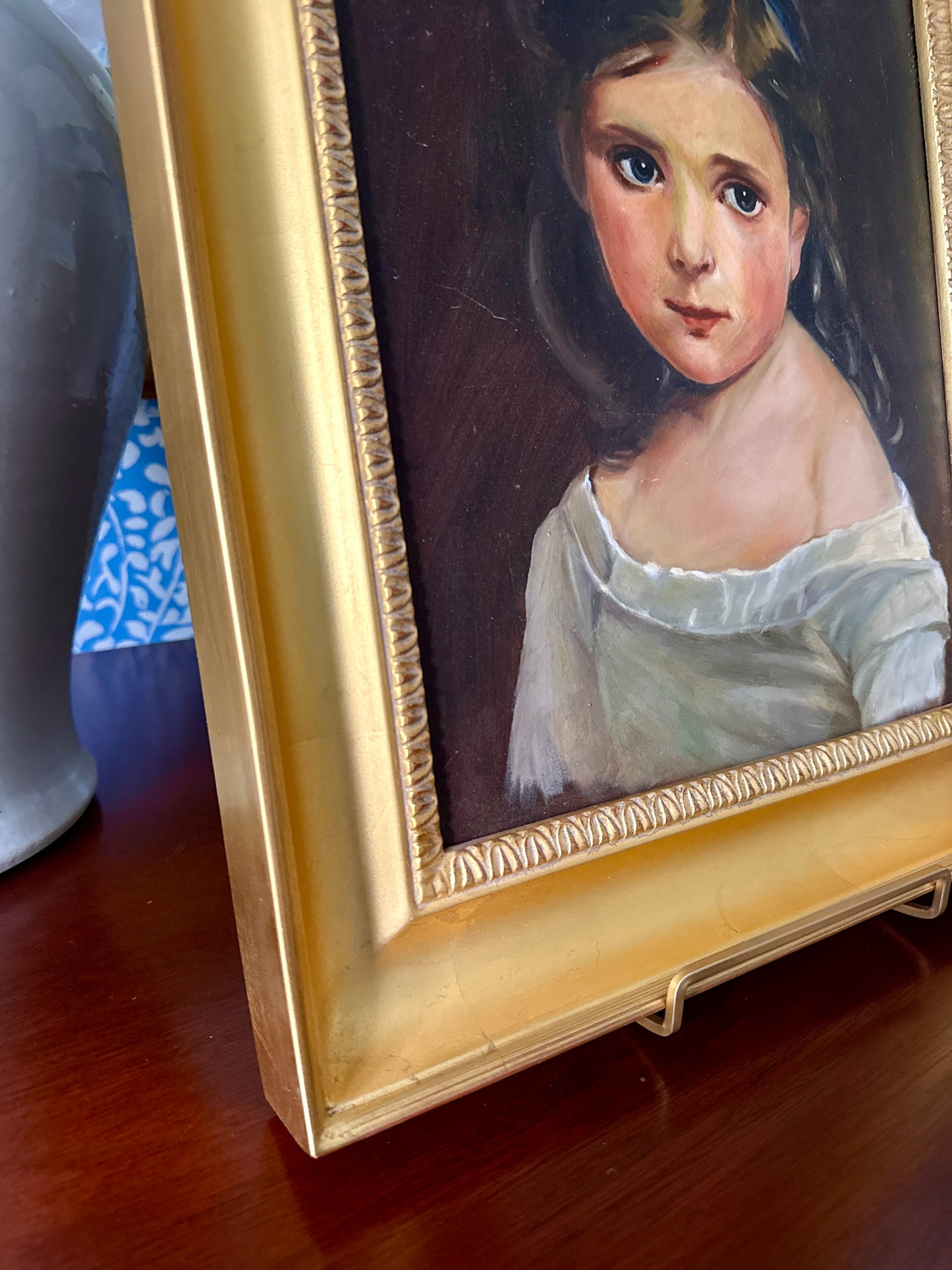 Early 20th Century Portrait of a Brunette Girl Oil Painting in Gold Frame