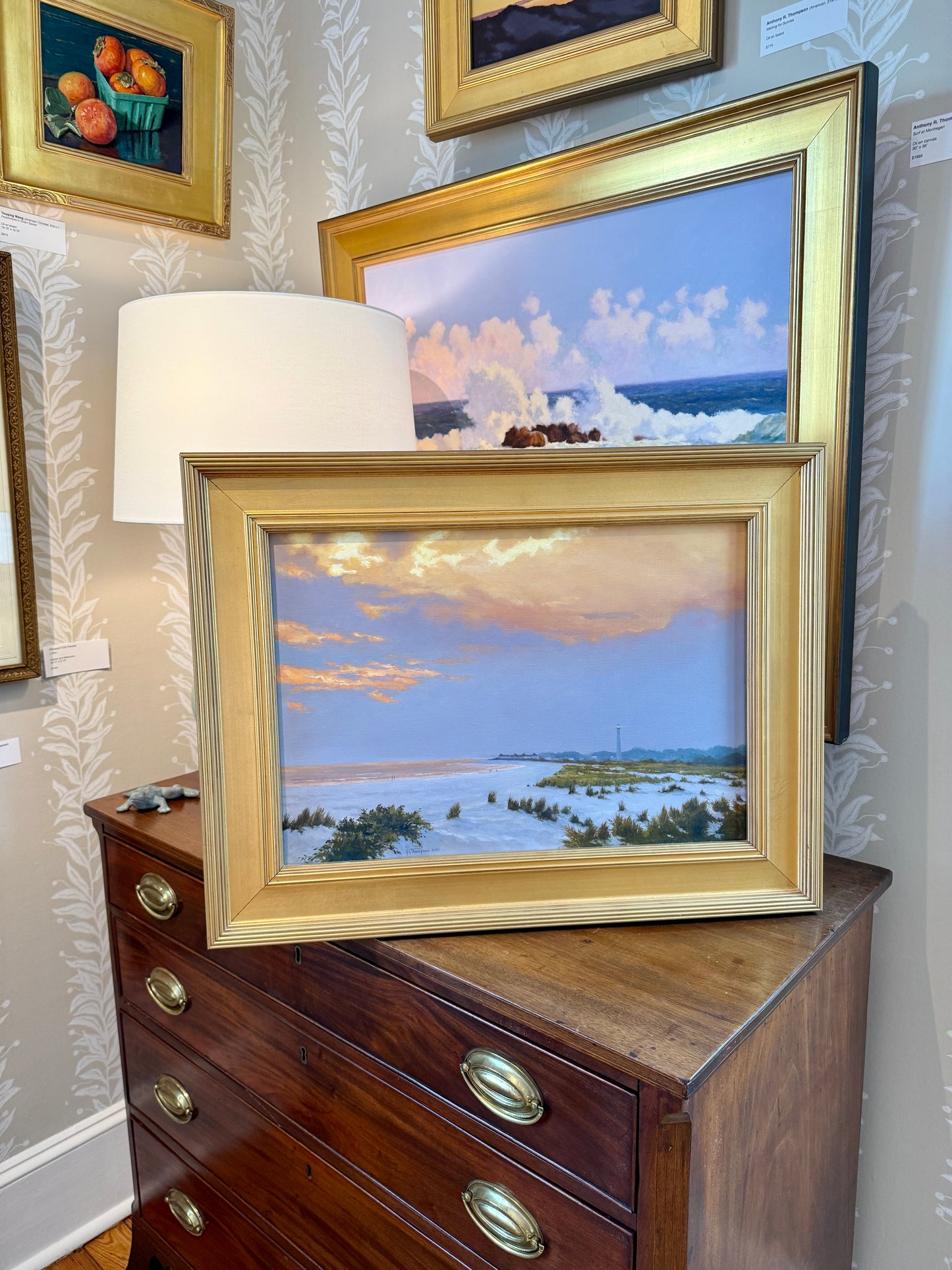 Anthony R. Thompson Evening in Cape May Beach Coastal Lansdcape Oil Painting in Gold Frame