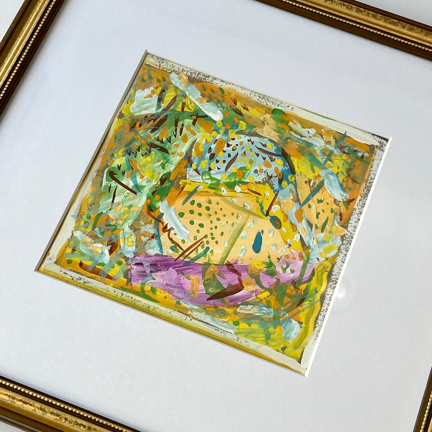 Vintage Bright Colorful Abstract Oil Painting #1 in Gold Frame