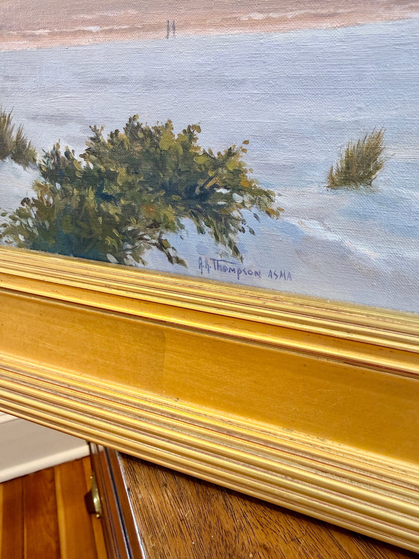 Anthony R. Thompson Evening in Cape May Beach Coastal Lansdcape Oil Painting in Gold Frame