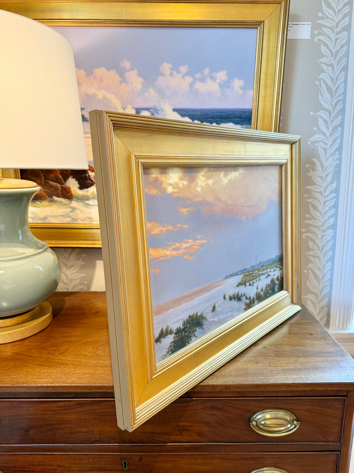 Anthony R. Thompson Evening in Cape May Beach Coastal Lansdcape Oil Painting in Gold Frame