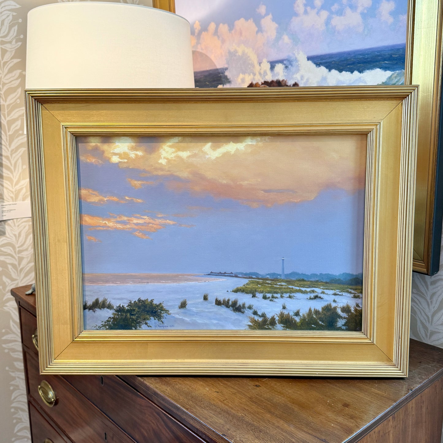 Anthony R. Thompson Evening in Cape May Beach Coastal Lansdcape Oil Painting in Gold Frame