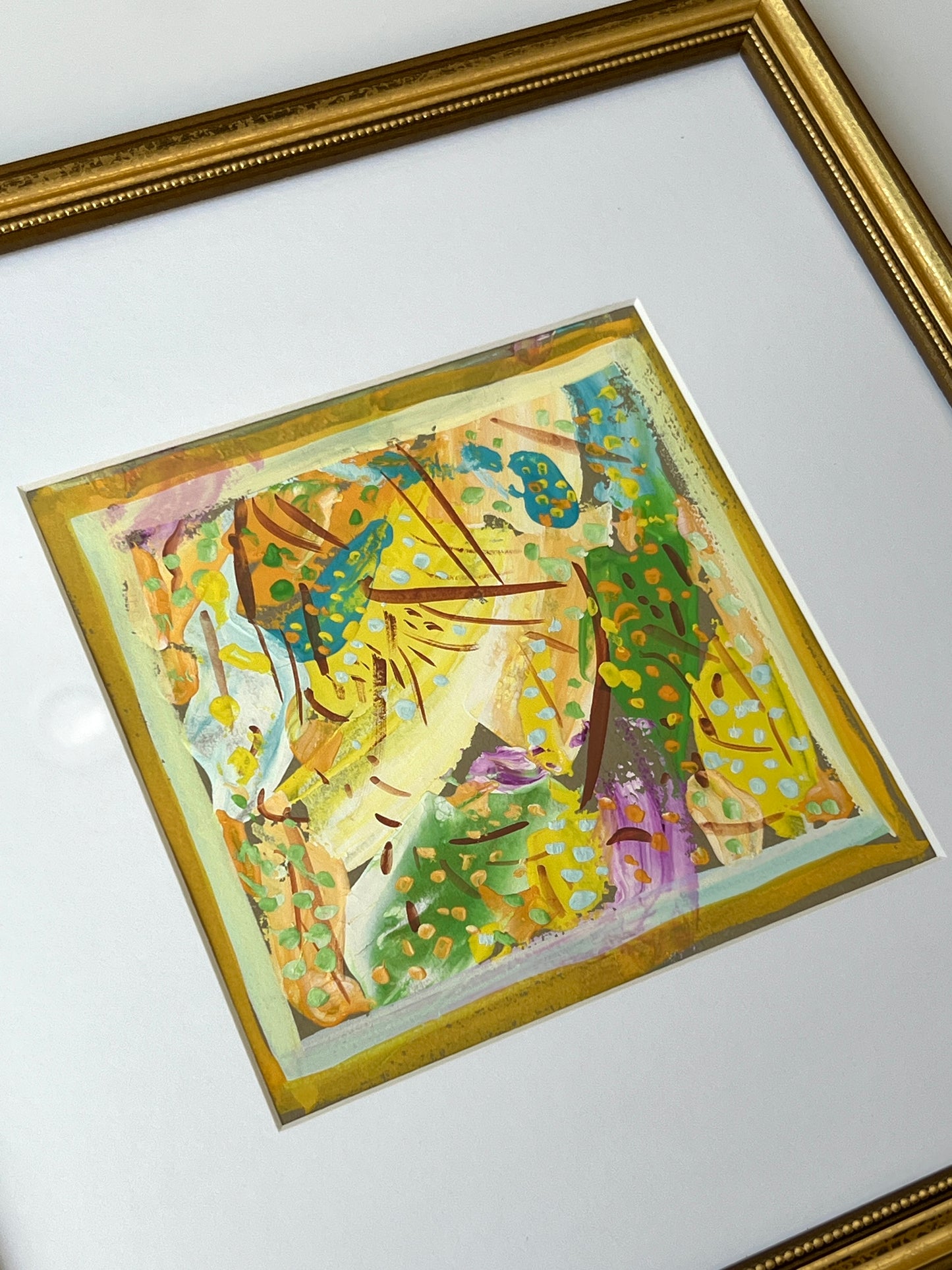 Vintage Bright Colorful Abstract Oil Painting #4 in Gold Frame