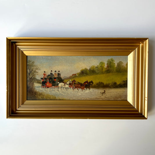 Philip H. Rideout (British, 1850-1920) Horse and Carriage Puddle Jump Oil Painting in Gold Frame