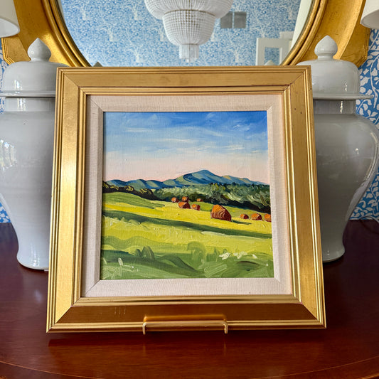 Susan Van Campen Hay Bales and Camden Hills Maine Landscape Oil Painting in Gold Frame