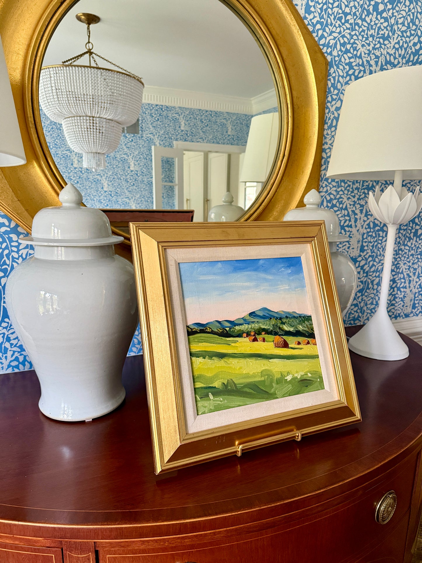 Susan Van Campen Hay Bales and Camden Hills Maine Landscape Oil Painting in Gold Frame