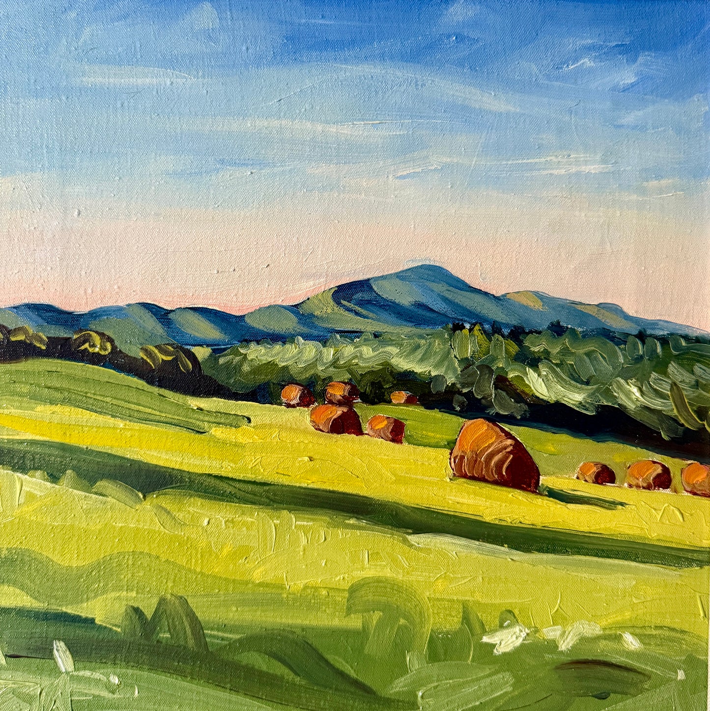 Susan Van Campen Hay Bales and Camden Hills Maine Landscape Oil Painting in Gold Frame