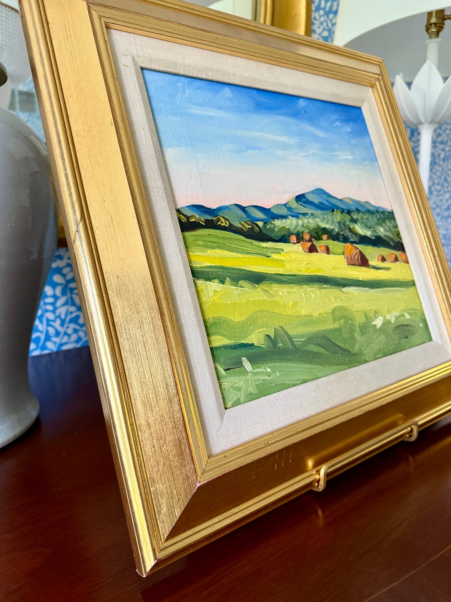 Susan Van Campen Hay Bales and Camden Hills Maine Landscape Oil Painting in Gold Frame