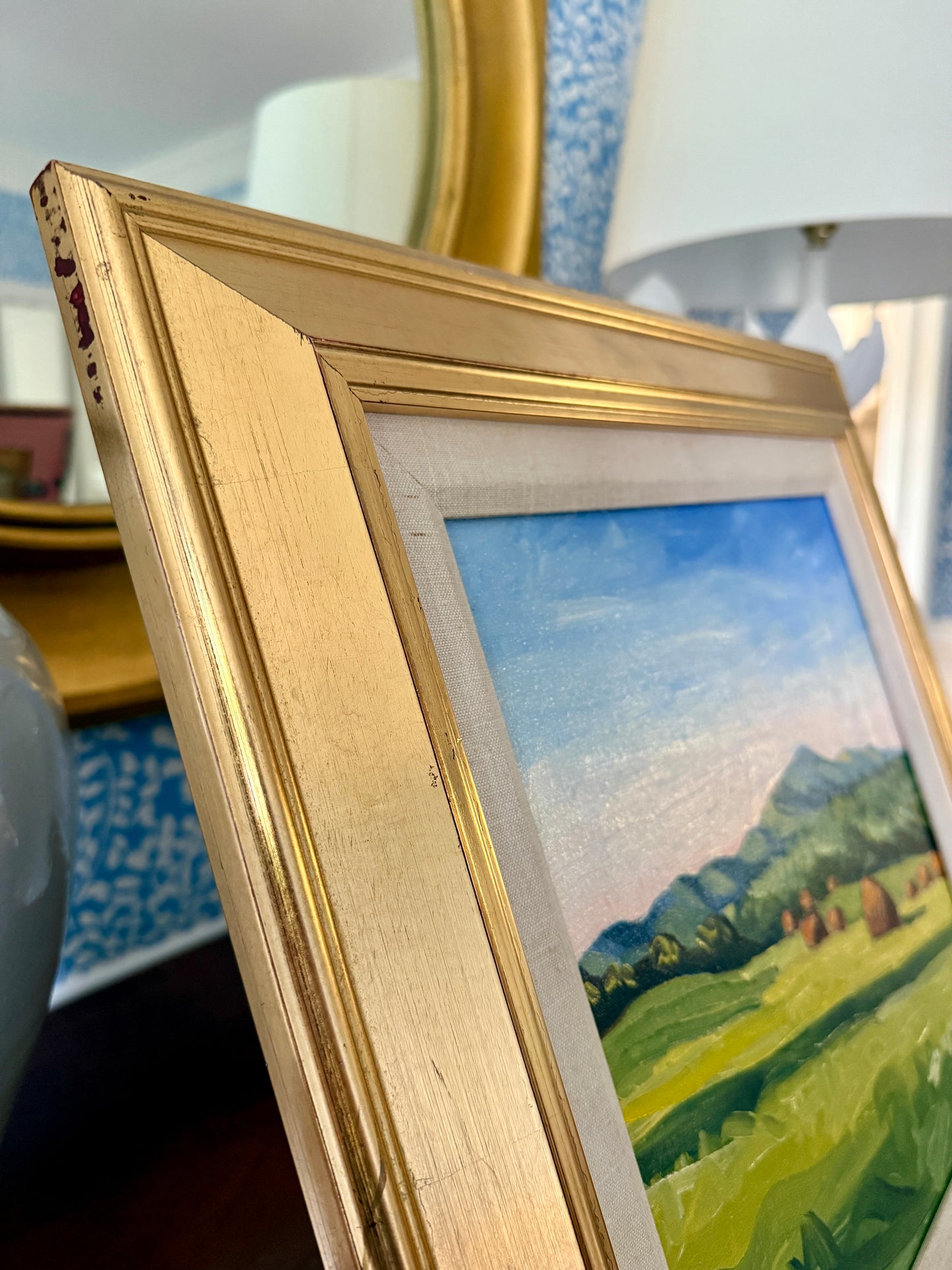 Susan Van Campen Hay Bales and Camden Hills Maine Landscape Oil Painting in Gold Frame