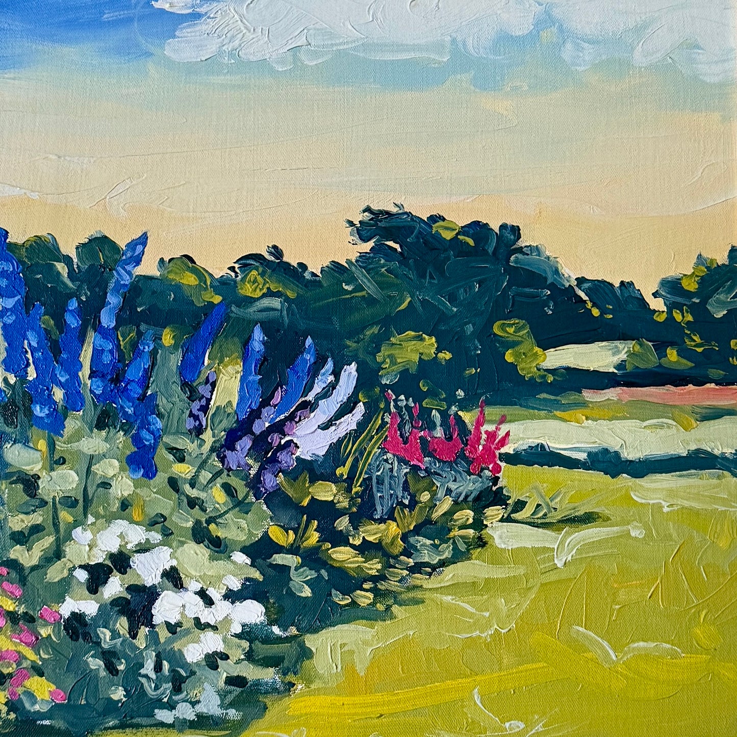 Susan Van Campen Back Garden July Landscape Oil Painting in Gold Frame