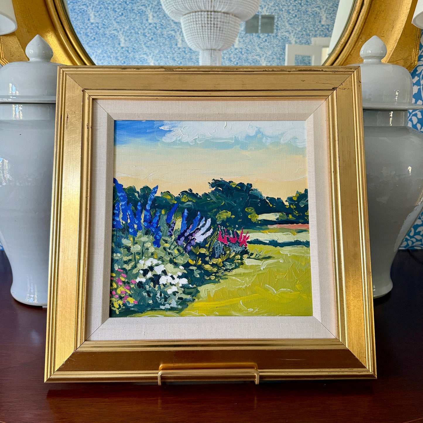 Susan Van Campen Back Garden July Landscape Oil Painting in Gold Frame