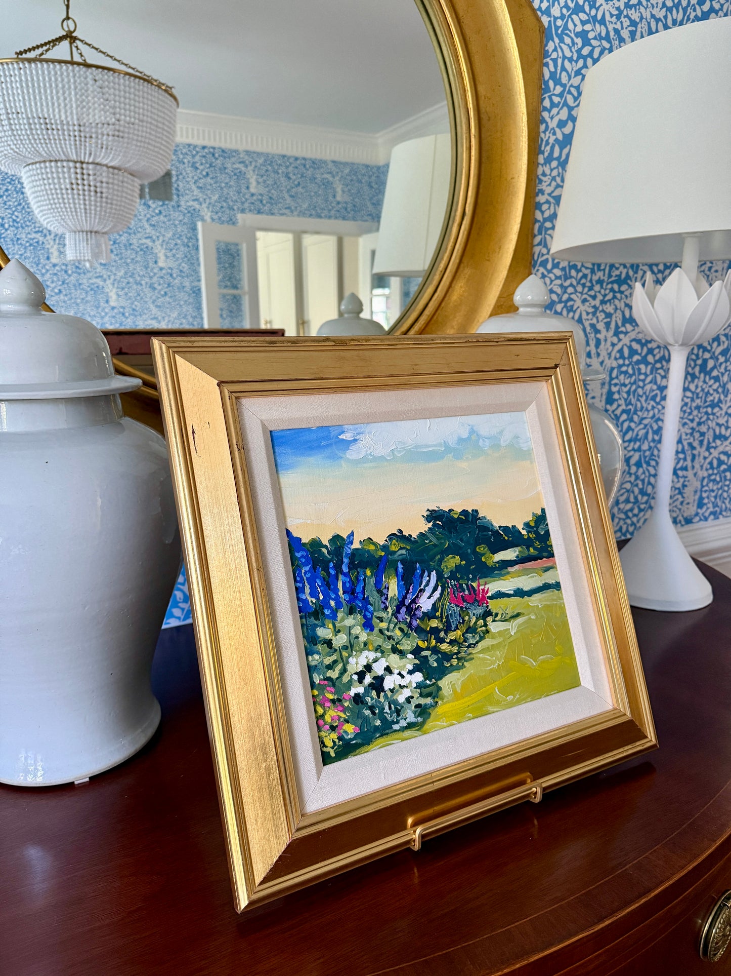 Susan Van Campen Back Garden July Landscape Oil Painting in Gold Frame