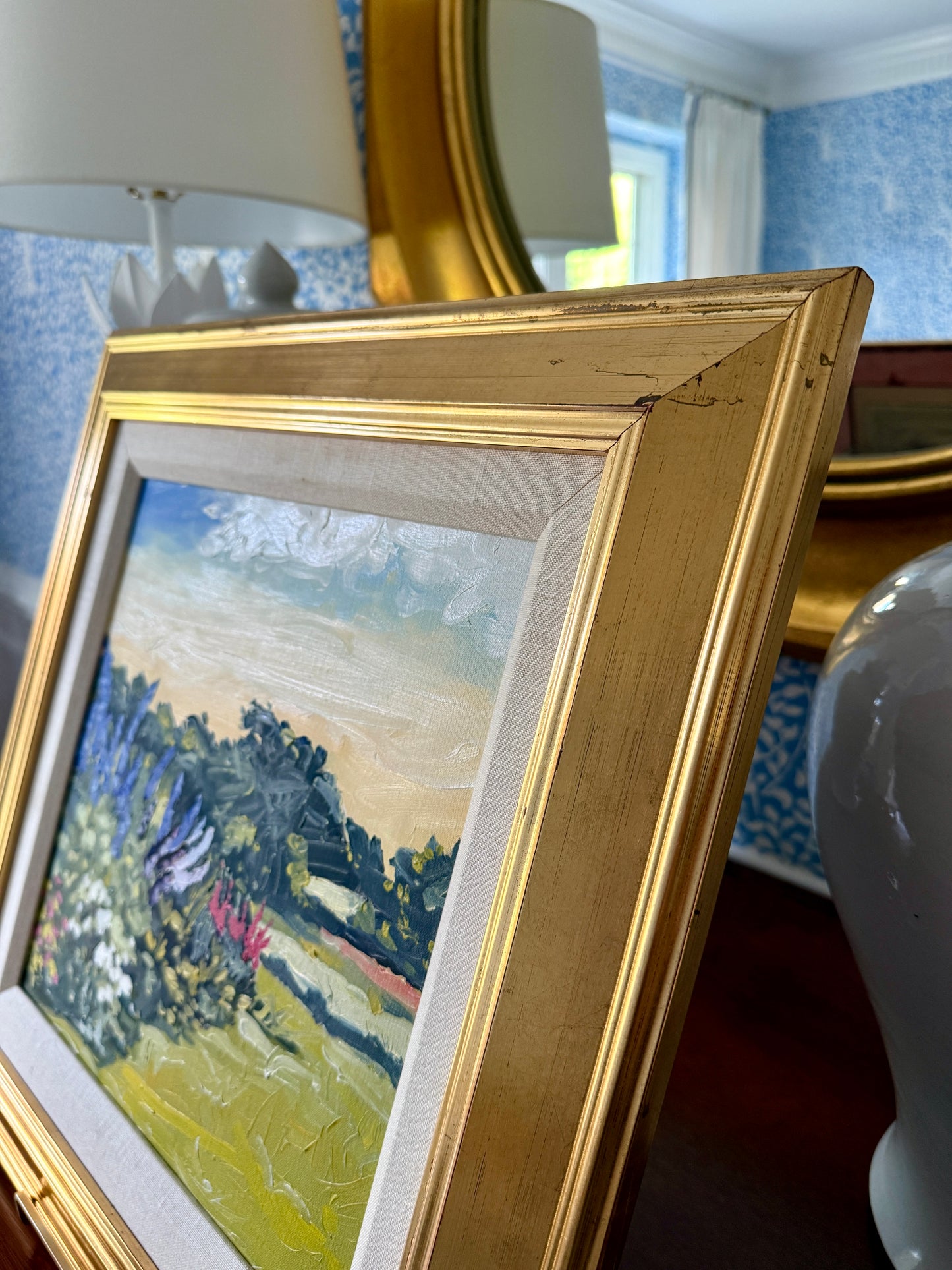 Susan Van Campen Back Garden July Landscape Oil Painting in Gold Frame