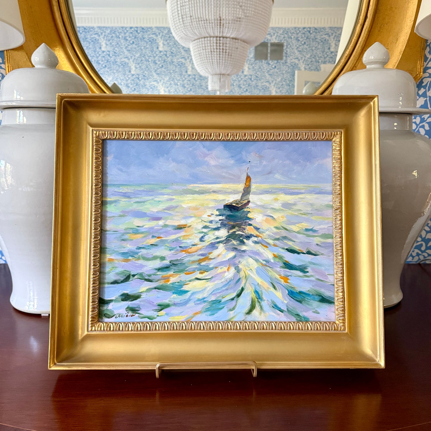 Impressionist Setting Sun Seascape with Sailboat Oil Painting in Gold Frame