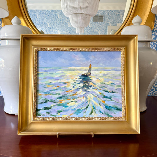 Impressionist Setting Sun Seascape with Sailboat Oil Painting in Gold Frame