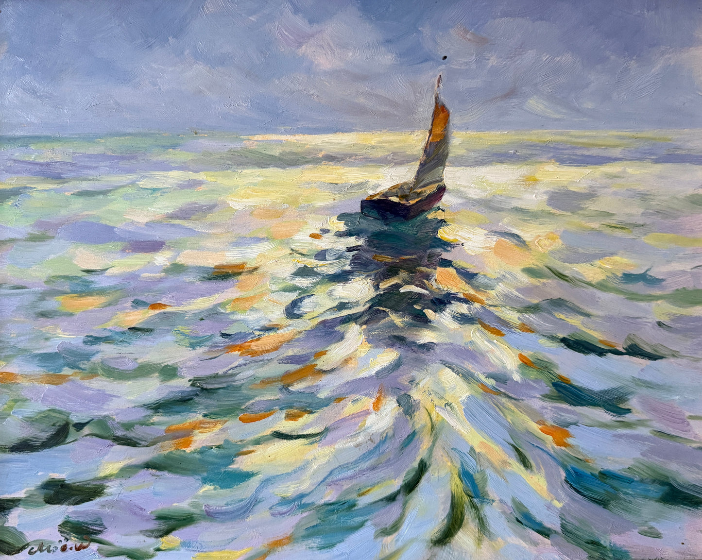 Impressionist Setting Sun Seascape with Sailboat Oil Painting in Gold Frame