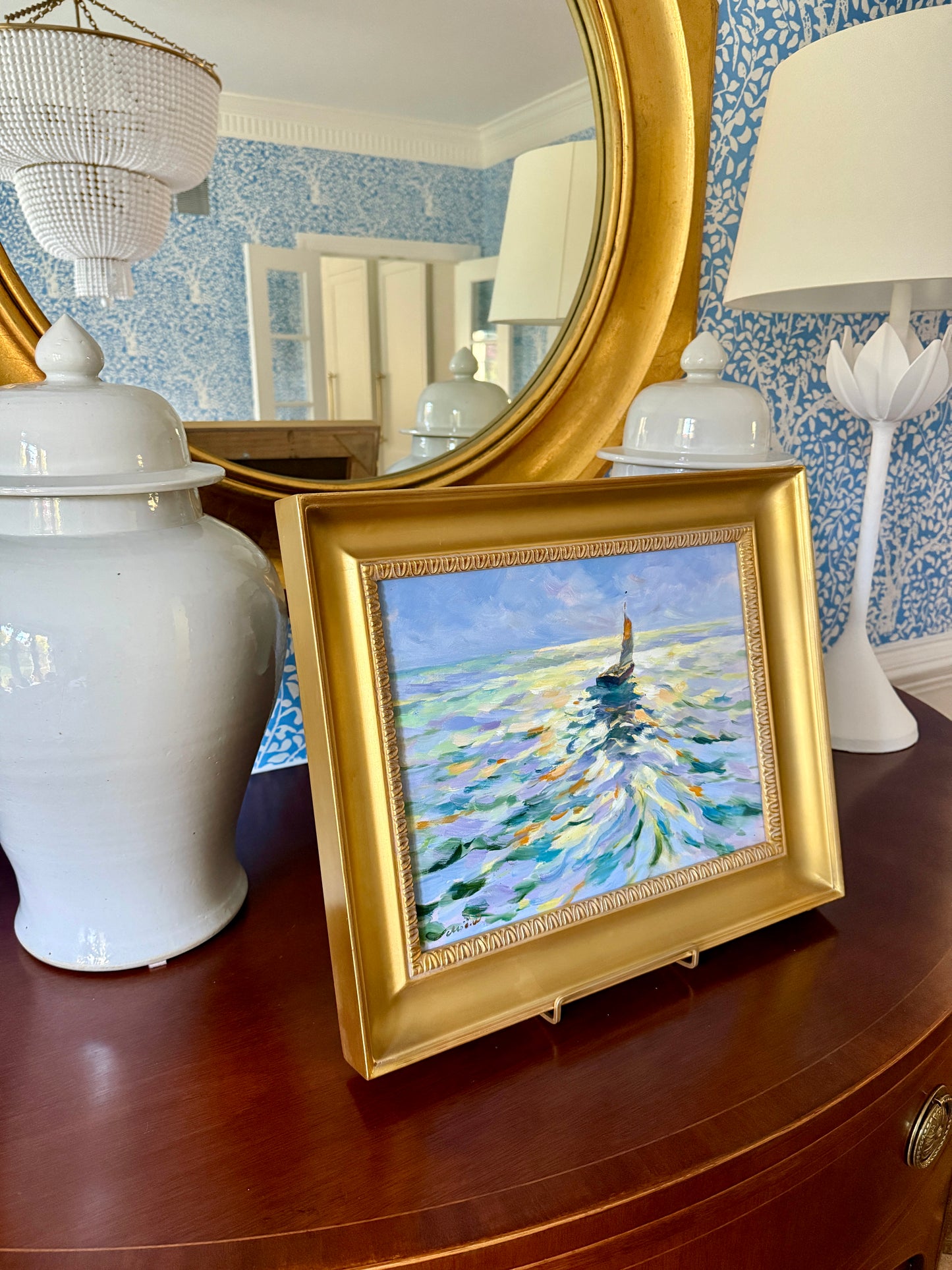 Impressionist Setting Sun Seascape with Sailboat Oil Painting in Gold Frame