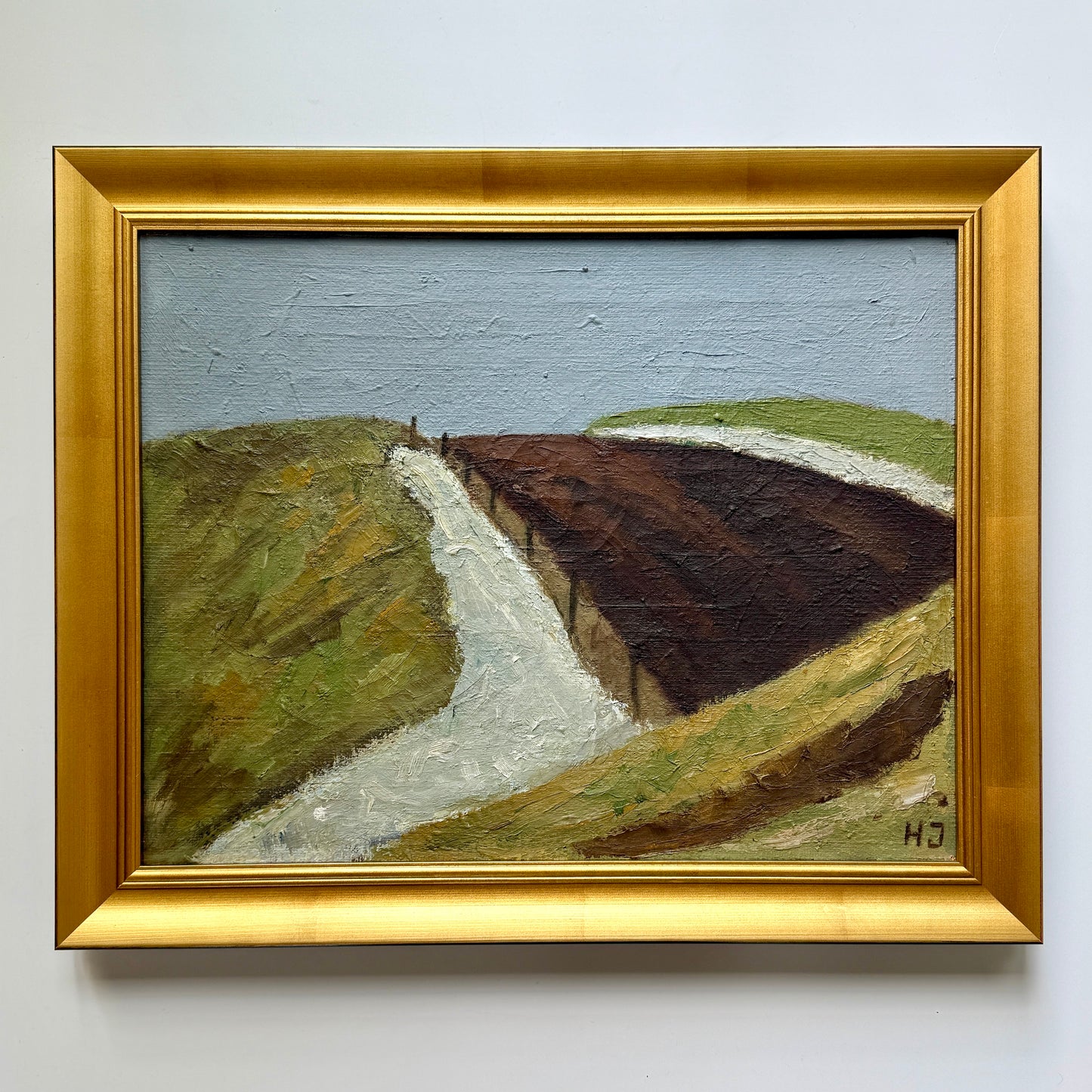 Expressionist Vintage Blue Green Hillside Landscape Oil Painting in Gold Frame