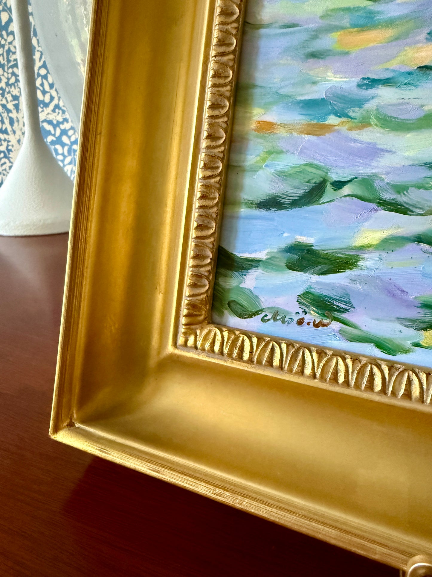 Impressionist Setting Sun Seascape with Sailboat Oil Painting in Gold Frame