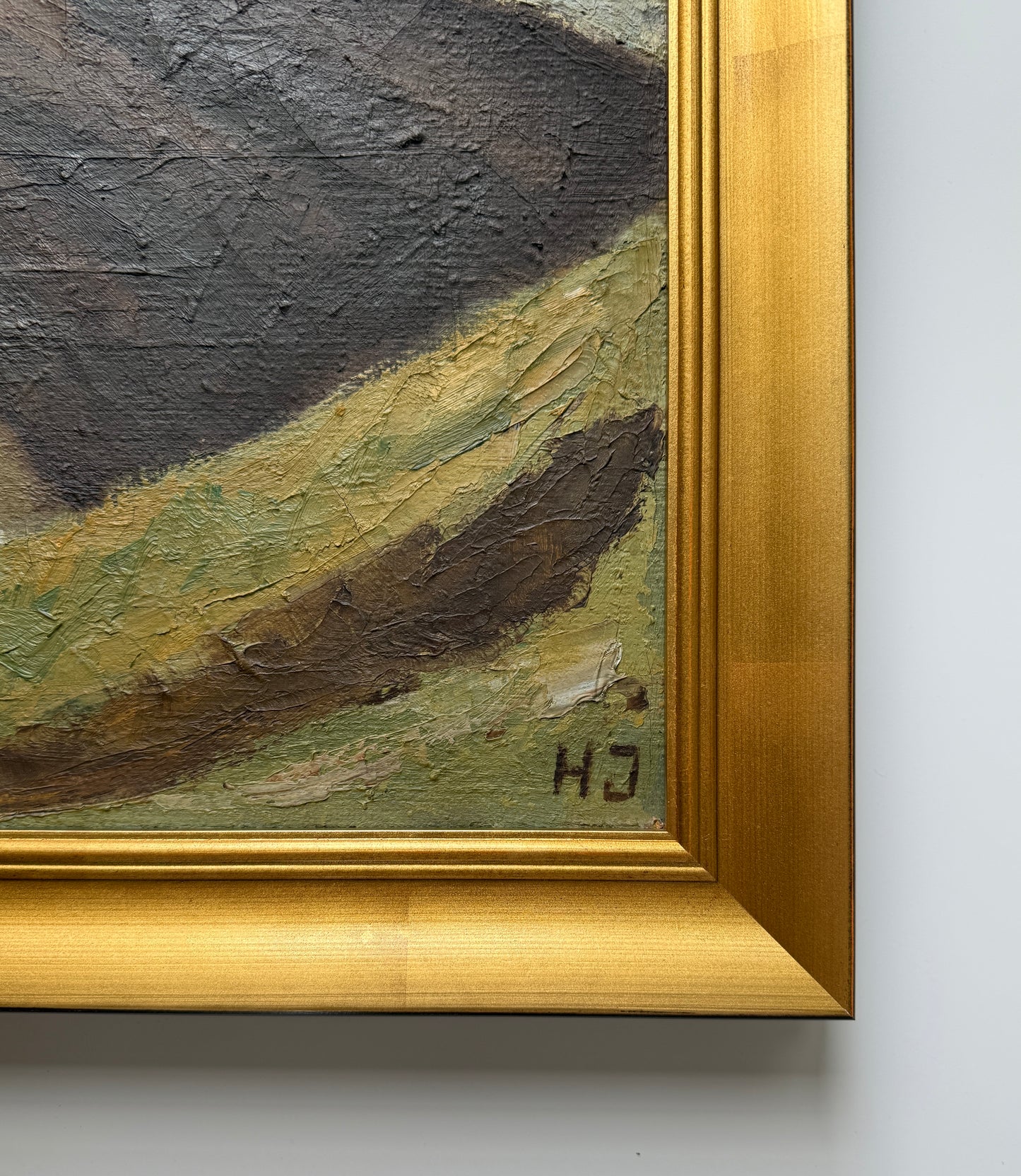 Expressionist Vintage Blue Green Hillside Landscape Oil Painting in Gold Frame