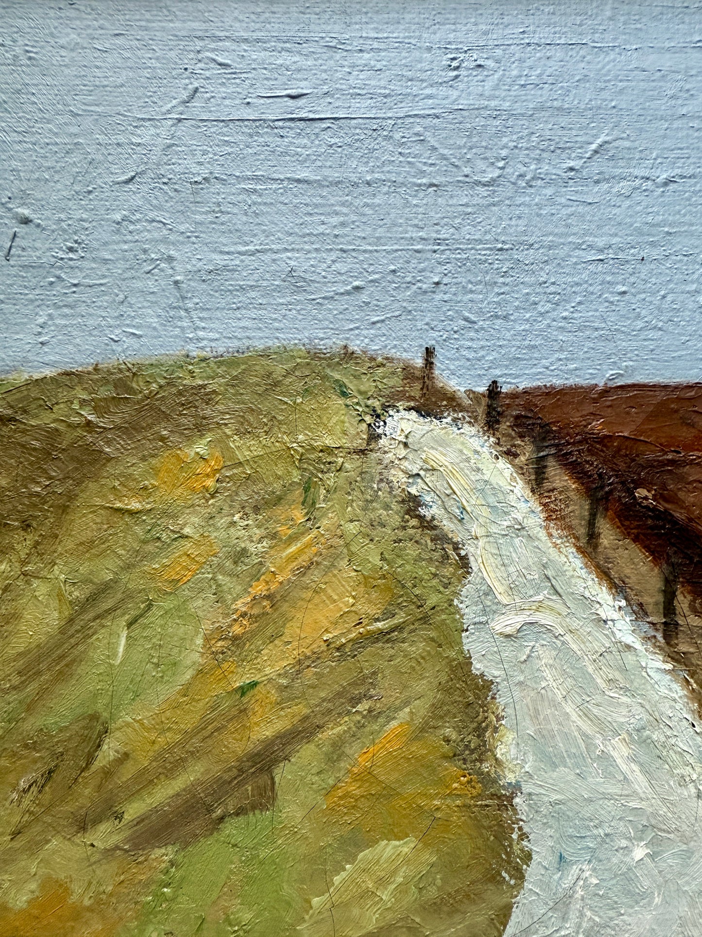 Expressionist Vintage Blue Green Hillside Landscape Oil Painting in Gold Frame
