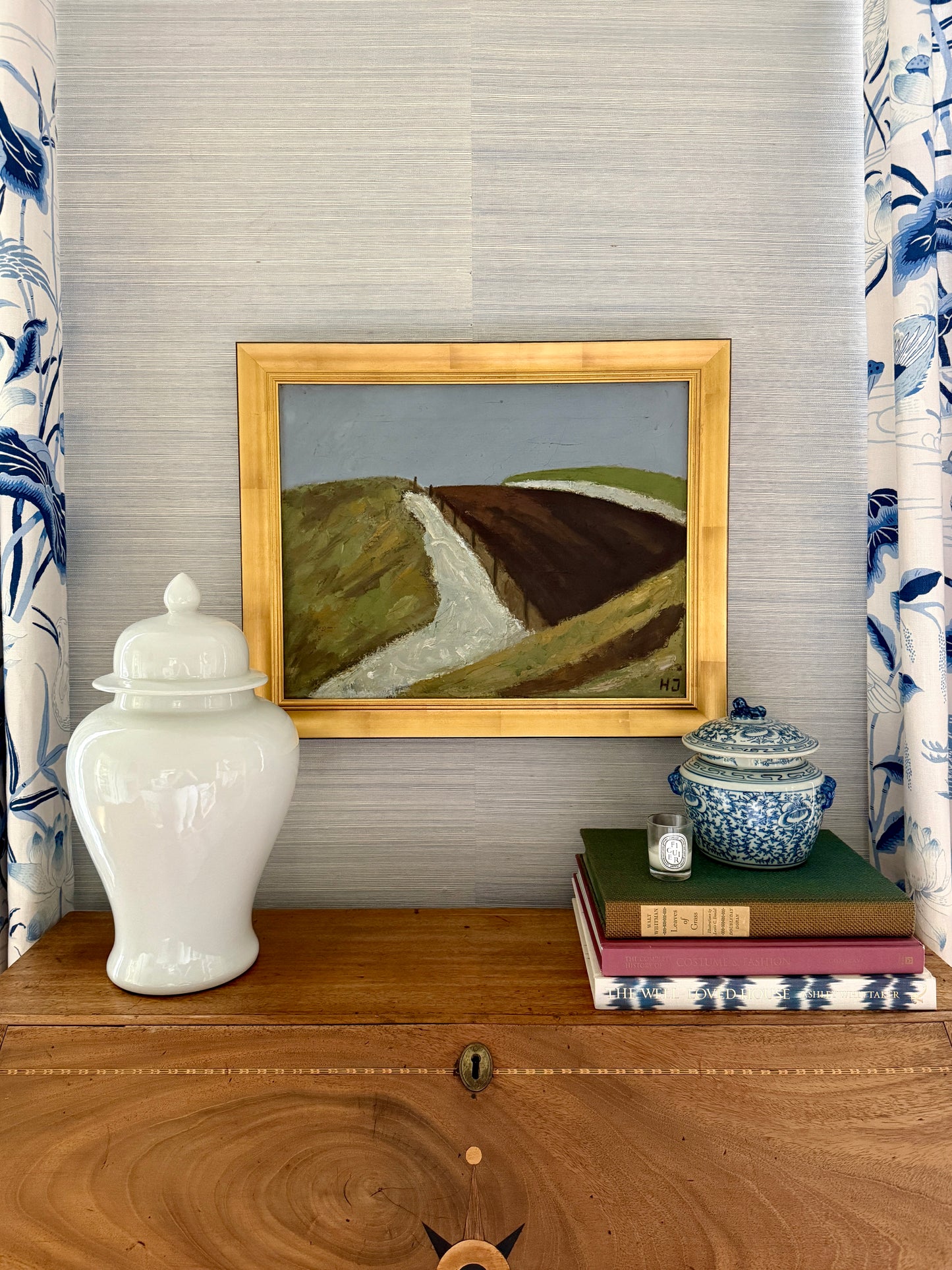 Expressionist Vintage Blue Green Hillside Landscape Oil Painting in Gold Frame